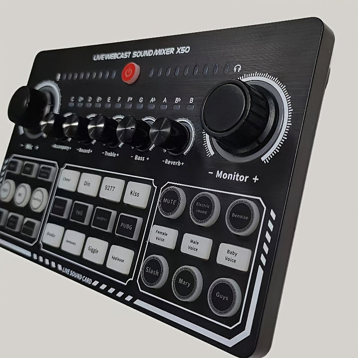 Interfaz de audio portátil, dispositivo de tarjeta de sonido, para uso en PC, iPad, teléfono. Ideal para grabación, transmisión en vivo, comentarios de gestos, expresión personal, etc. Con batería recargable de litio 18650 incorporada, se puede usar al a