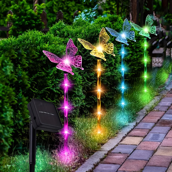 Juego de 6 luces solares para jardín con mariposas, decoración solar para exteriores, luces solares para caminos con 8 modos, ideal para decorar jardines, patios, macetas, senderos, arriates y hogar
