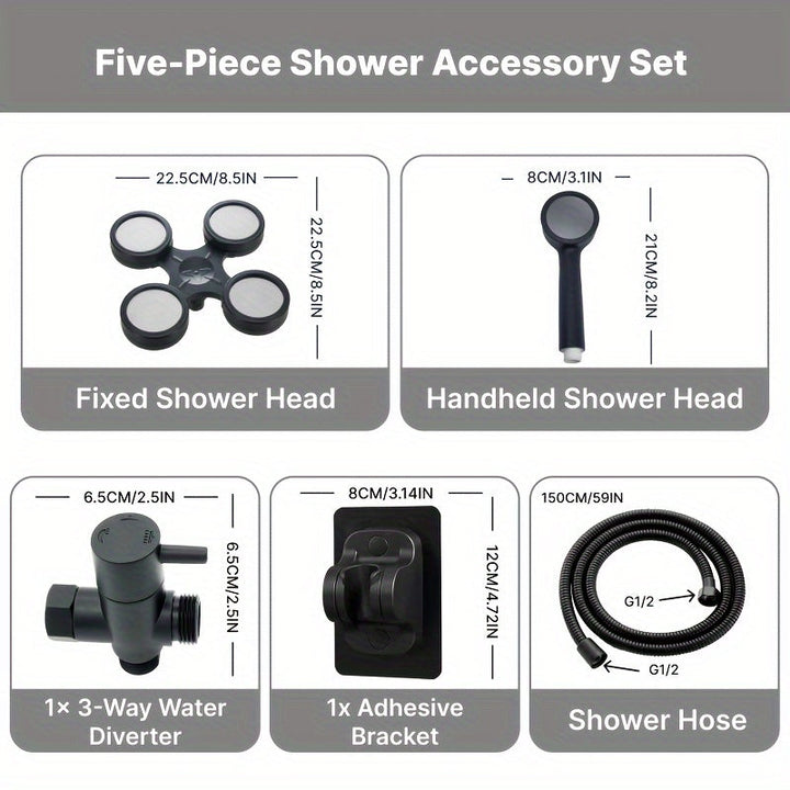 1 ducha de lujo, línea de cintura, cabezal de lluvia de alta presión y juego 2 en 1 portátil. Manguera extra larga, divisor de 3 vías y soporte adhesivo para ducha, accesorios de baño completo, set de ducha