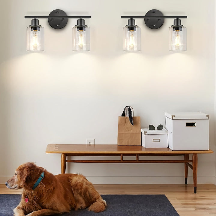 Luz de sconce de baño moderna de negro mate, fijación de pared de hierro fundido semi empotrada, con pantallas de vidrio, control de interruptor, cableado, 110V, sin bombilla incluida para baño