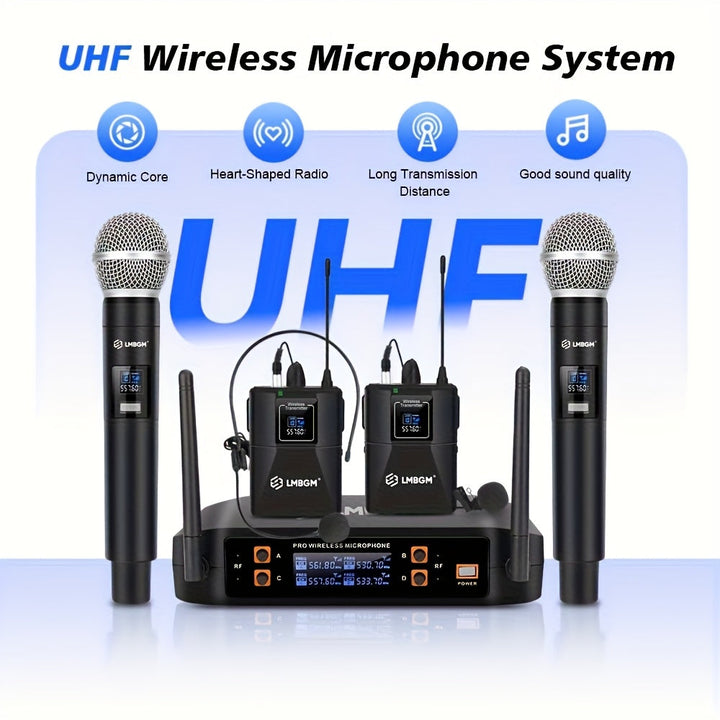 Sistema de micrófono inalámbrico profesional LBMGM, equipado con 2 micrófonos de mano y 2 packs de cinturón (con 1 auricular y 1 micrófono de solapa), adecuado para canto al aire libre, conferencias, pequeñas actuaciones y otros escenarios.