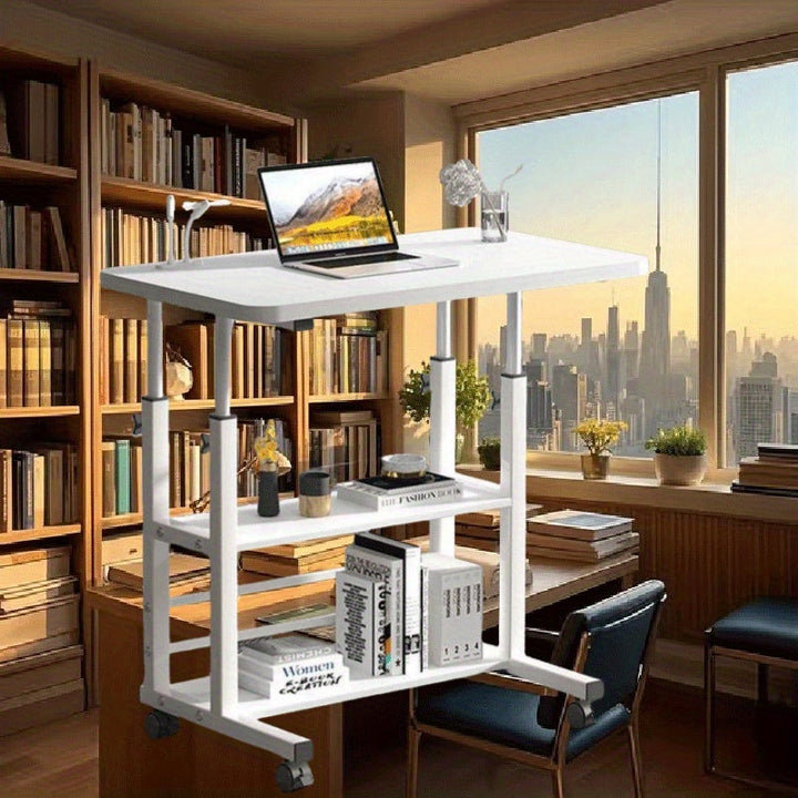 Escritorio de Computadora de Doble Capa con Altura Ajustable y Ruedas Bloqueables, Marco de Acero y Tablero de Madera Dura - Estantes Multinivel para Oficina en Casa, Estudio de Arte, Espacios Pequeños, Almacenamiento para Escritorio