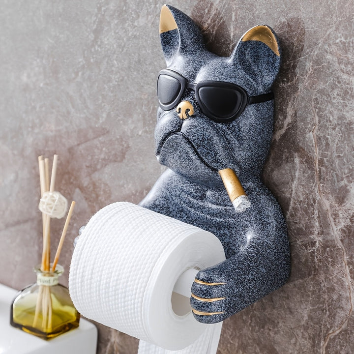 1pz/Porta Papel Higiénico con Forma de Cabeza de Perro Bulldog Lindo y Gafas de Moda, Estante para Toallas Montado en la Pared, Accesorios de Baño, Colgante Creativo sin Taladro para Cocina y Baño