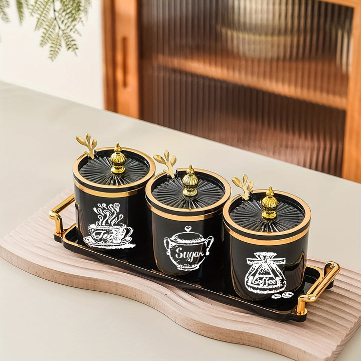 1 juego (1 plato, 3 latas, 3 cucharas) recipientes de almacenamiento para hogar, cocina y comedor, contenedores de especias, envases para alimentos, saleros, azucareros, condimentos, chile en polvo