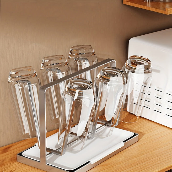 Soporte para botella de agua de acero inoxidable de 6 ranuras con bandeja de goteo - Diseño moderno y elegante para el hogar y la oficina, sistema fácil de beber y fácil de limpiar, organizador minimalista para el baño