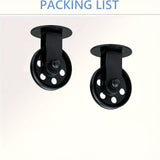 Un conjunto de 2 poleas negras de 2 pulgadas, 2 para luces de araña, diseñadas para poleas de pared vintage para luces de crecimiento de plantas en un gazebo industrial rústico.