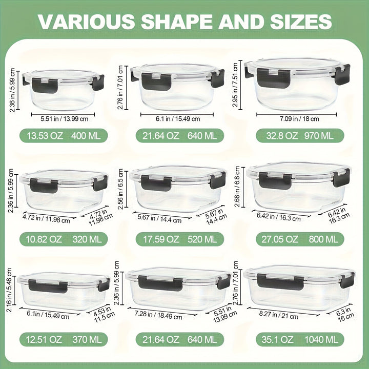 12 piezas de contenedores de almacenamiento de alimentos de vidrio con tapas - A prueba de fugas, microondas, horno y lavavajillas, cajas de almuerzo rectangulares reutilizables para preparación de comidas y organización del refrigerador.