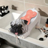 Plato de jabón para perros bulldog de resina - Diseño de estatua de bulldog blanco realista, decoración ovalada para el hogar y accesorio de baño, perfecto para decorar la cocina o el salón.