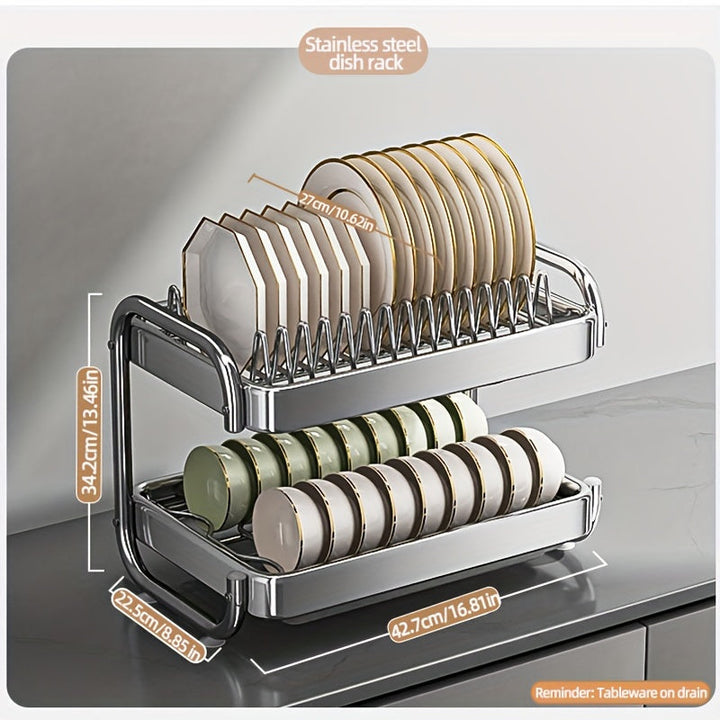 Organizador de Cocina de Acero Inoxidable de Doble Capa - Estante Duradero para Escurrir Platos y Utensilios para Encimeras, Plateado