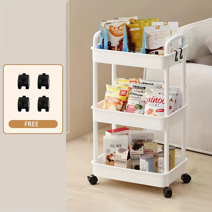 Carro de Almacenamiento con Ruedas - Estantes independientes de plástico duradero para cocinas, baños y dormitorios, estantes móviles fáciles de montar para snacks, artículos de tocador y esenciales de noche, diseño moderno minimalista con estructura rob