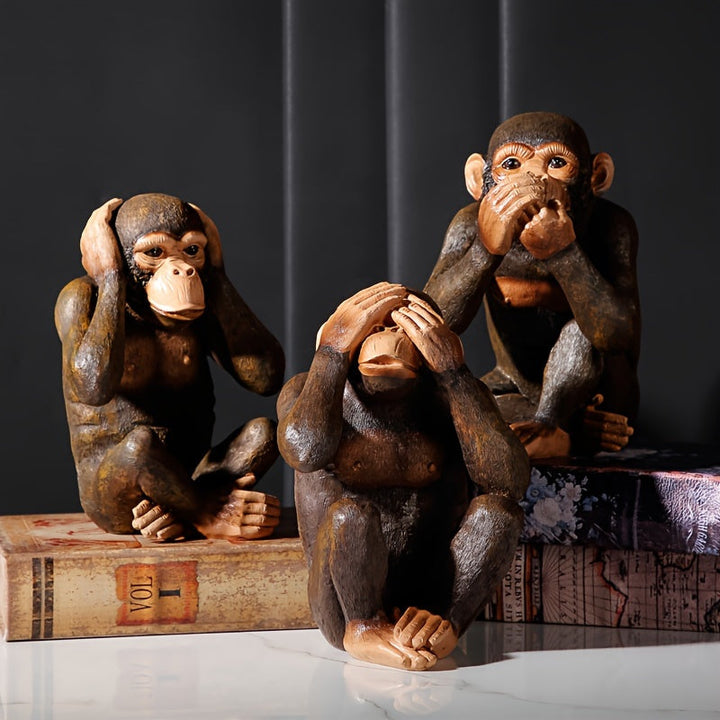 Juego de 3 figuras realistas de chimpancé, estatuas decorativas de resina para interior y exterior