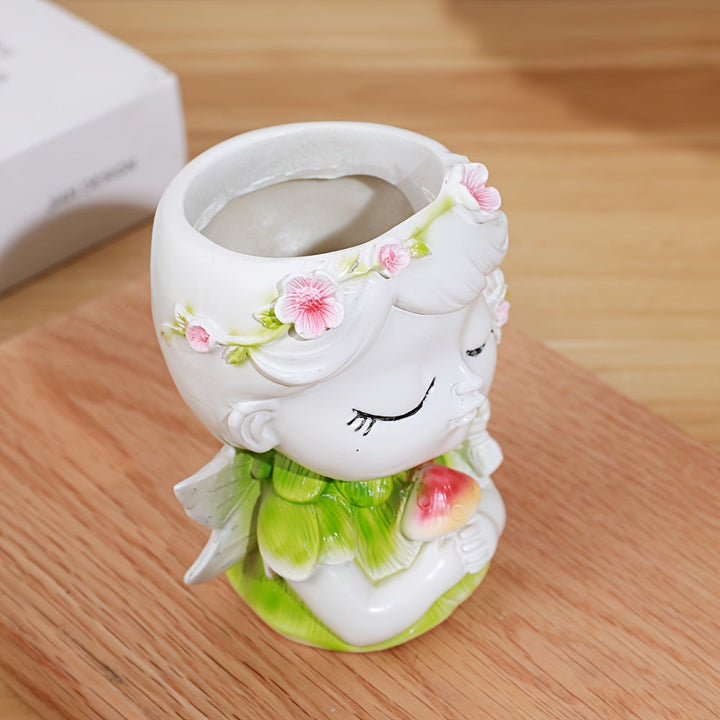 1pc Decoración de Jarrón de Resina con Ángel - Adorno Clásico para el Hogar con Hojas Verdes y Flores Rosas, Diseño Artesanal en Base para Sala de Estar, Dormitorio u Oficina, Decoración de Ángeles, Arte Detallado
