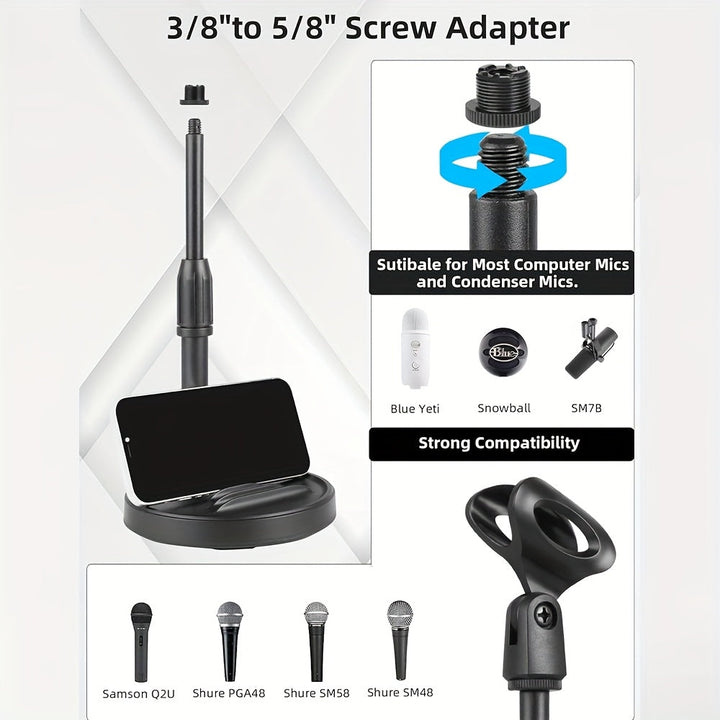 Soporte de micrófono de escritorio negro de ABS con soporte para teléfono, base pesada, filtro popular, amortiguador de choques, abrazadera de micrófono - Ideal para estudio de grabación en casa, configuración de grabación en casa | Soporte de micrófono