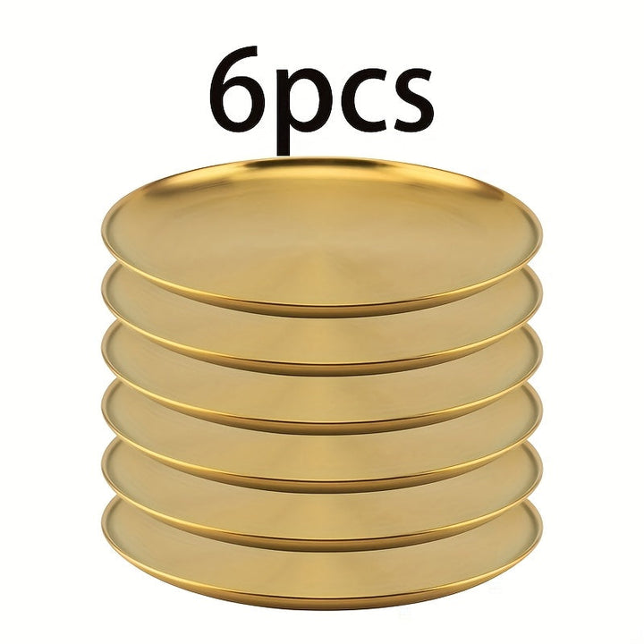6 platos de acero inoxidable, plato dorado para ensaladas, plato para BBQ coreana, plato principal occidental, plato para bocadillos y postres, ideal para restaurantes y uso en casa, bandeja multifuncional para snacks y plato para huesos