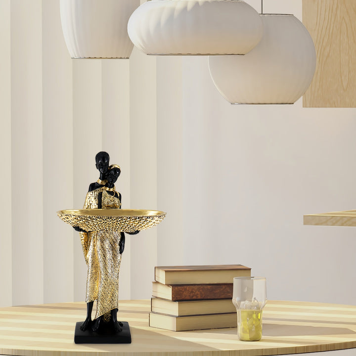 Estatua de Pareja Africana Vintage Dorada - Figura de Arte Tribal con Bandeja de Almacenamiento para Llaves para Decoración del Hogar, Perfecta para Sala de Estar, Estantería y Mesa, Regalo Ideal de Inauguración para Mujeres, Lo Mejor para Navidad