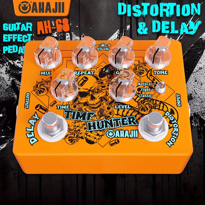Pedal de efectos para guitarra AHAJII AH-68, con distorsión y delay, modo clásico, múltiples unidades de delay