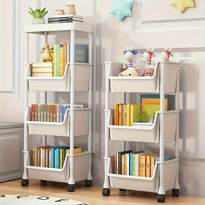 Estante de almacenamiento de plástico de 3/4/5 niveles con ruedas - Organizador versátil para sala de estar, dormitorio, residencia | Uso para todas las estaciones, sin necesidad de ensamblaje, blanco, organizador de almacenamiento de 4 niveles