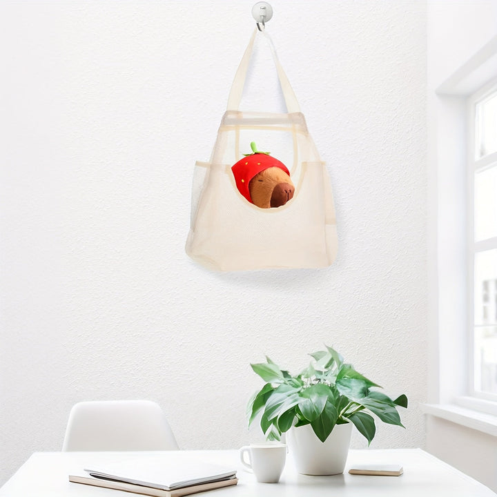 Bolsa de Almacenamiento de Juguetes de Malla Beige - Organizador de Peluche Reutilizable con Lazo para Colgar para Viajes de Niños y Esenciales de la Sala de Juegos, Caja de Almacenamiento de Juguetes