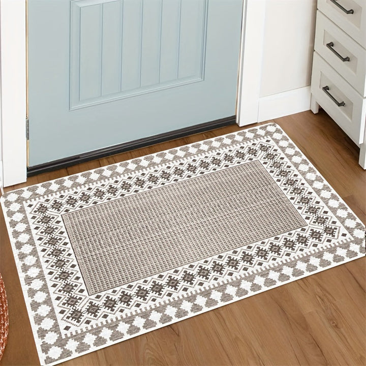 Alfombra étnica estilo boho, 1 unidad - Textura tejida desgastada, suave y lavable a máquina, para sala, dormitorio o entrada, antideslizante, rectangular, de poliéster, alfombra de área | Estilo bohemio | Lavable a máquina