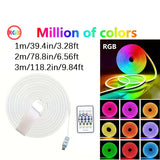 Lámpara de neón RGB de 5 metros/196,85 pulgadas, cinta LED de neón flexible de silicona, con control remoto y control de aplicación, puede cambiar de color de manera sincronizada con la música y puede ajustar la luminosidad regularmente, lo que es muy co