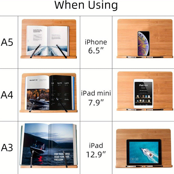 Estantería y soporte de bambú extragrande para lectura sin manos de libros grandes en la cama, recetas, libros de texto, derecho con 5 soportes ajustables en altura para portátiles, Organizador de escritorio y cajón para almacenamiento doméstico