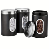 Juegos de Recipientes para la Cocina, Set de 3 Piezas para Almacenar Azúcar, Harina y Té en Acero Inoxidable con Ventana Transparente para Organizar el Mostrador