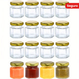 16-Pack Mini Tarros de Vidrio Hexagonales de 45ml con Tapas de Tornillo Doradas, Multiusos, Aptos para Lavavajillas, Reutilizables, Botes Herméticos para Miel, Mermeladas, Especias, Regalos de Boda, Manualidades de Bricolaje