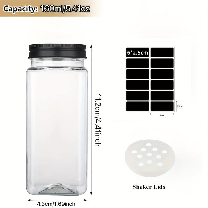 Paquete de 12/24 Tarros de Plástico para Especias, 5.6oz (Aproximadamente 160g) Contenedores Cuadrados con Saleros y Pimenteros Reutilizables, Tapas Herméticas, Etiquetas y Bolígrafos - Adecuado para Especias, Hierbas, Polvos y Purpurina