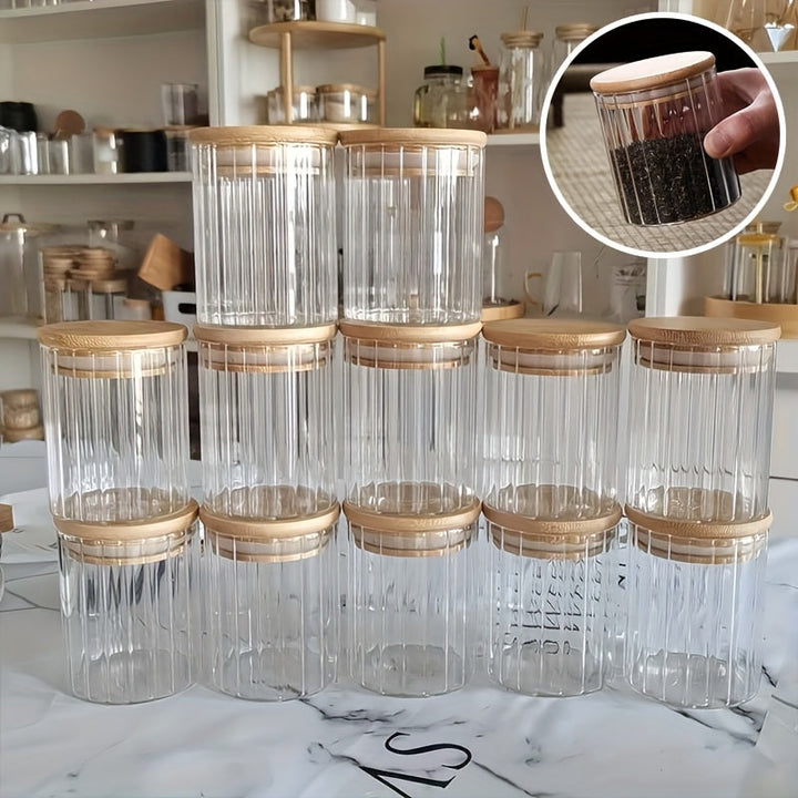 4/6/12 piezas de jarra de vidrio para café y nueces, jarra de almacenamiento sellada, recipiente de vidrio transparente con tapa de bambú y asa de metal para almacenamiento en el hogar, cocina, dulces, galletas, pasta, avena, especias (pequeño)