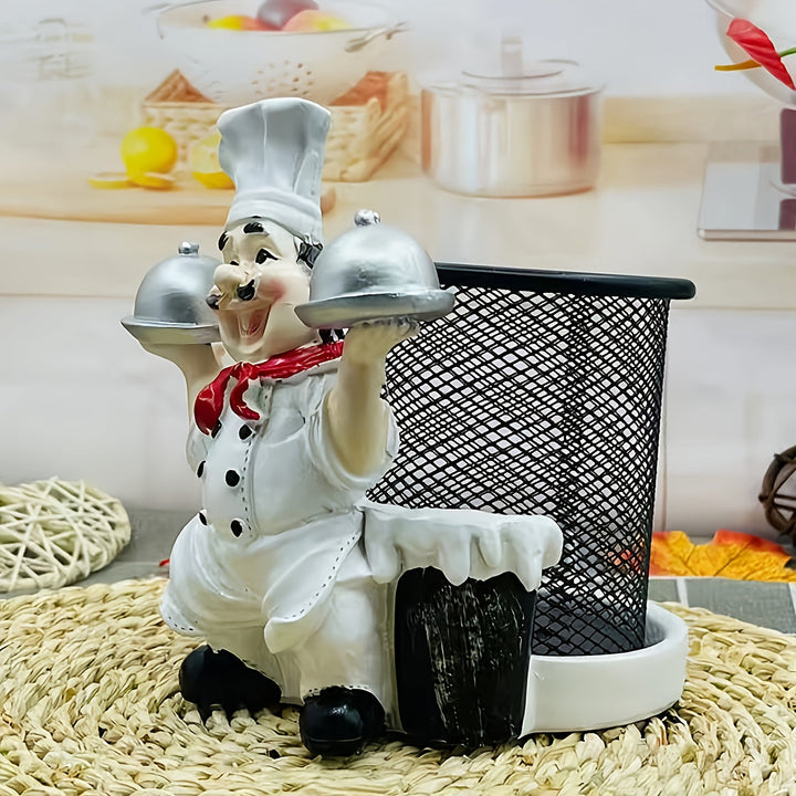 Organizador de cubiertos de acero inoxidable con forma de chef, soporte metálico pulido con doble almacenamiento para platos, decoración de cocina y comedor, 1 unidad