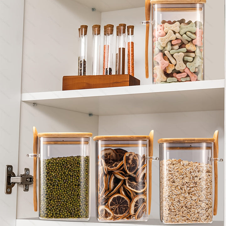 Juego de 2, 3 o 4 frascos de vidrio herméticos con cuchara y tapa de bambú - Recipientes de cocina a prueba de fugas ideales para granos, hojas de té, granos de café y especias - Perfectos para organizar la despensa