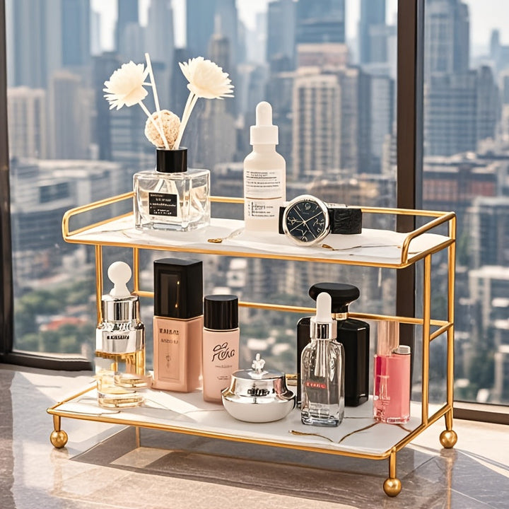 Organizador de baño de doble nivel con textura de mármol, bandeja amplia para cosméticos y cuidado de la piel, detalles dorados, diseño portátil independiente para baño, dormitorio o tocador (sin necesidad de ensamblaje), accesorios para baño