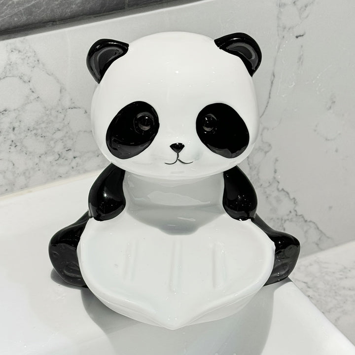 Plato para Jabón de Panda Lindo con Drenaje - Sin Acumulación de Agua, Diseño Independiente, Decoración de Baño o Cocina en Porcelana Blanca y Negra, Incluye Soporte para Jabón para Almacenamiento Fácil