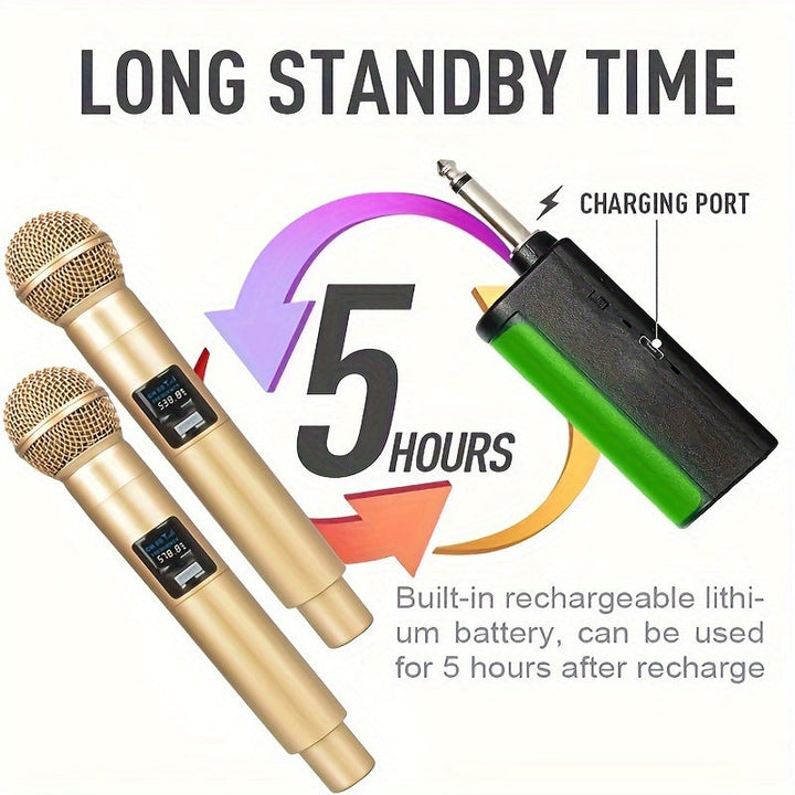 4piezas Micrófono inalámbrico dinámico de mano doble dorado Karaoke con receptor recargable para boda fiesta discurso club escuela reunión