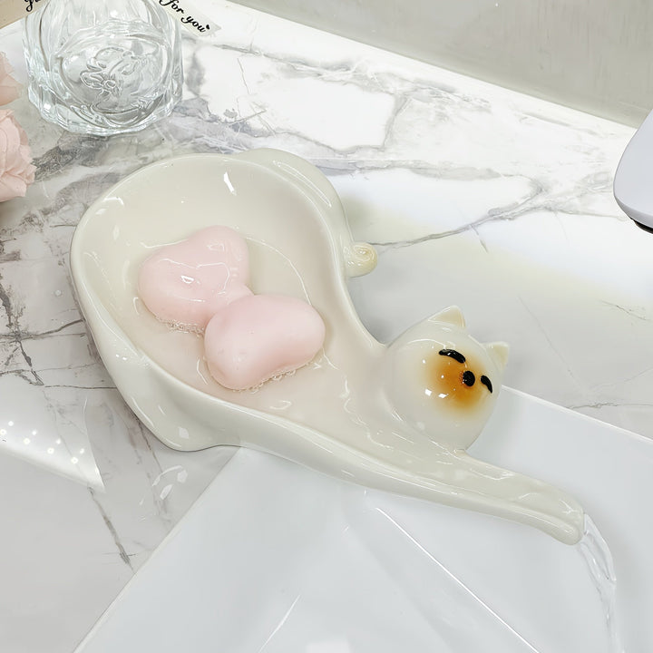 Adorable jabonera de cerámica con forma de gato, ideal para baños y cocinas. Fácil de limpiar, mantiene los jabones secos. Regalo perfecto para Halloween, Navidad, Pascua y más