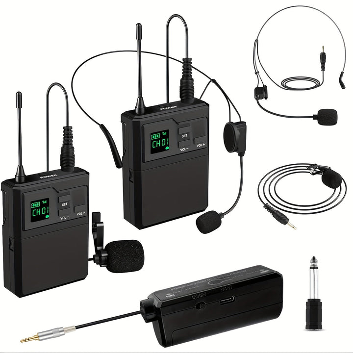 Sistema de micrófonos inalámbricos doble con receptor recargable, entrada de 3.5mm, control de volumen y clip para smartphones, bocinas PA, grabación, enseñanza, iglesia y vlogging - Negro, micrófono inalámbrico para cantar