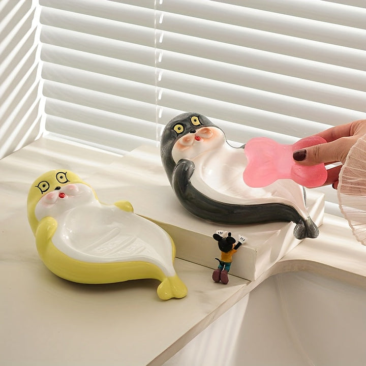 Caja de Jabón con Diseño de Foca de Dibujos Animados (1 pieza) - Soporte para Jabón Cerámico con Desagüe, Diseño Rectangular Lindo para Baño o Encimera del Inodoro, Estantes Creativos para Uso Doméstico