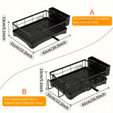 1 pieza de escurridor de platos negro multifuncional con bandeja de drenaje y línea de goteo – Organizador de cocina ahorrador de espacio para platos, tazas, cuchillos, tenedores y palillos – Diseño duradero de metal y plástico, escurridor de platos