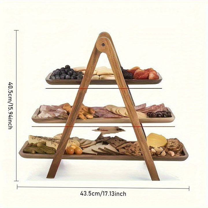 Bandeja de Servir de Madera de Acacia de 3 Niveles - Diseño Elegante en Forma de Escalera, Organizador Duradero para Cocina y Expositor de Buffet para Hogar, Hotel o Restaurante
