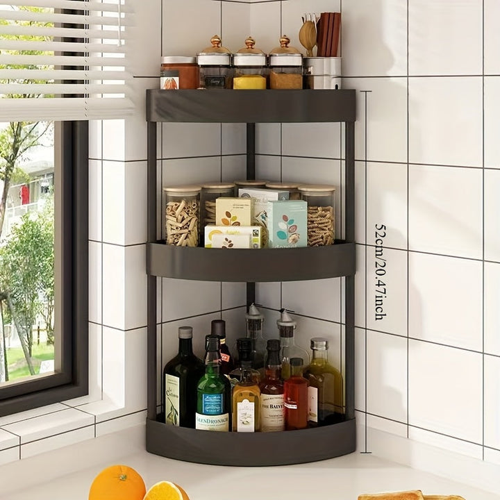 Estante de almacenamiento de esquina de 3 niveles - Negro, blanco y marrón, organizador rotativo para cocina, baño y dormitorio - Plástico duradero, sin necesidad de ensamblaje, diseño que ahorra espacio, organizadores y almacenamiento de baño, estantes