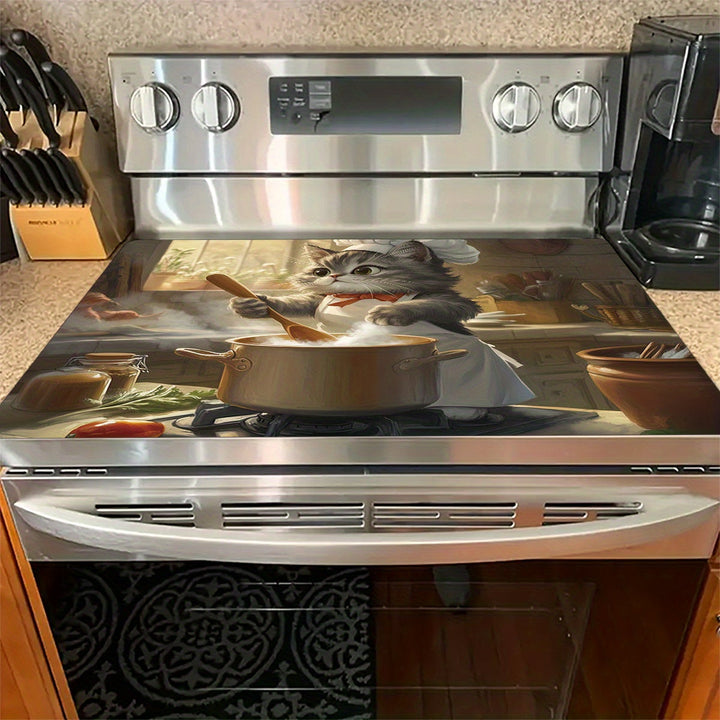 1 pieza de protector de estufa de gato chef lindo - Resiste el calor, resistente a los arañazos, alfombrilla de goma con diseño de escena de cocina divertida, fácil de limpiar y duradera, perfecta para cocinas elegantes, accesorio de cocina elegante | De