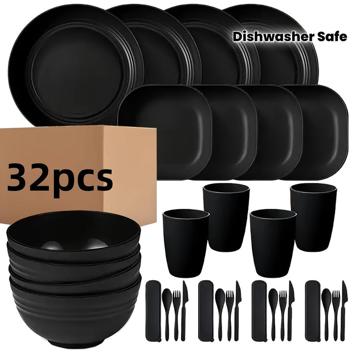 Juego de Vajilla de Plástico de 32 Piezas. Inquebrantable, Ligero para 4 Personas - Platos, Cuencos, Tazas con Tenedores, Cucharas, Cuchillos de Color Negro Sólido - Reutilizable, Apto para Microondas y Lavavajillas, Ideal para el Hogar, Picnic, Colecció