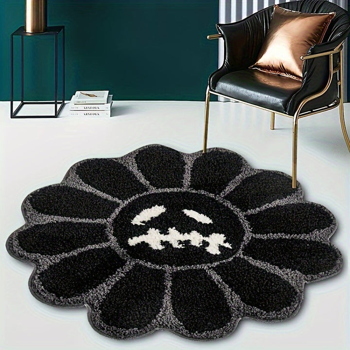 Alfombra redonda de girasol artístico retro, suave y esponjosa, para sala y dormitorio, tapete antideslizante para el hogar con respaldo de TPR, peluche grueso con un peso de 2000 g por metro cuadrado y un grosor de 15 mm, ideal para tapetes pequeños en