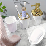 Juego de 4 accesorios para baño con rayas verticales, incluye dispensador de líquido, portacepillos, vaso para enjuague bucal y jabonera - Kit organizador esencial para baño, material plástico
