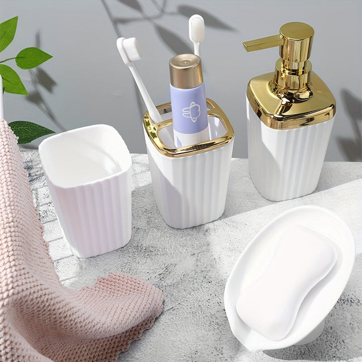 Juego de 4 accesorios para baño con rayas verticales, incluye dispensador de líquido, portacepillos, vaso para enjuague bucal y jabonera - Kit organizador esencial para baño, material plástico