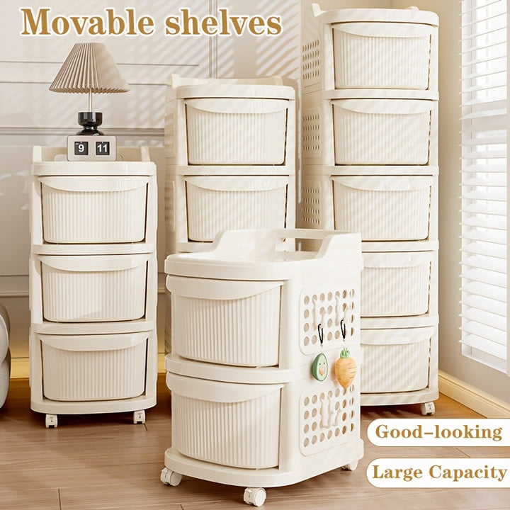 Un estante de almacenamiento grande y móvil estilo carrito, un armario de almacenamiento escalonado para artículos de bebé, un armario de almacenamiento tipo cajón, y un armario de almacenamiento de juguetes engrosado para salas de estar en casa.