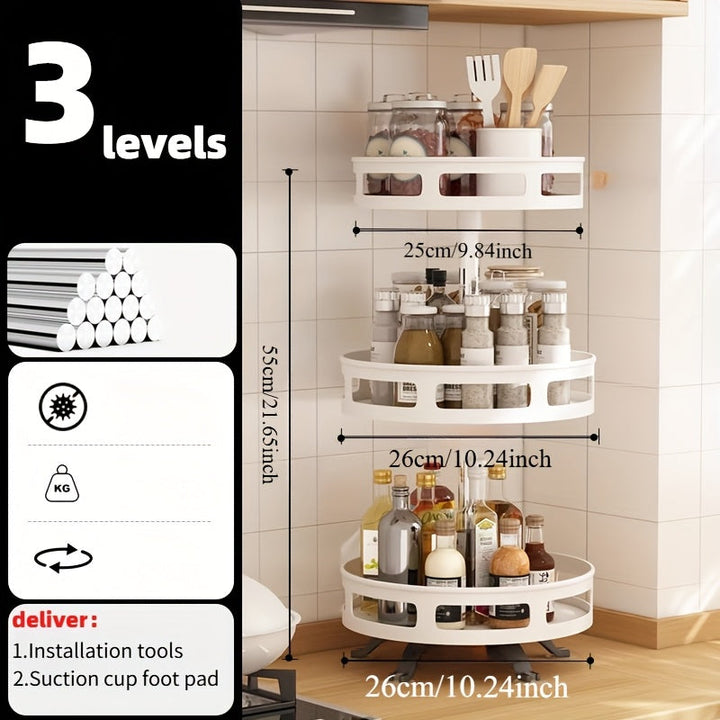 Estante de especias giratorio de 3 capas - Organizador de cocina de metal para especias, hierbas y condimentos, diseño que ahorra espacio con estantes de almacenamiento escalonados, ideal para cocinas, baños y salas de estar, solución de almacenamiento d