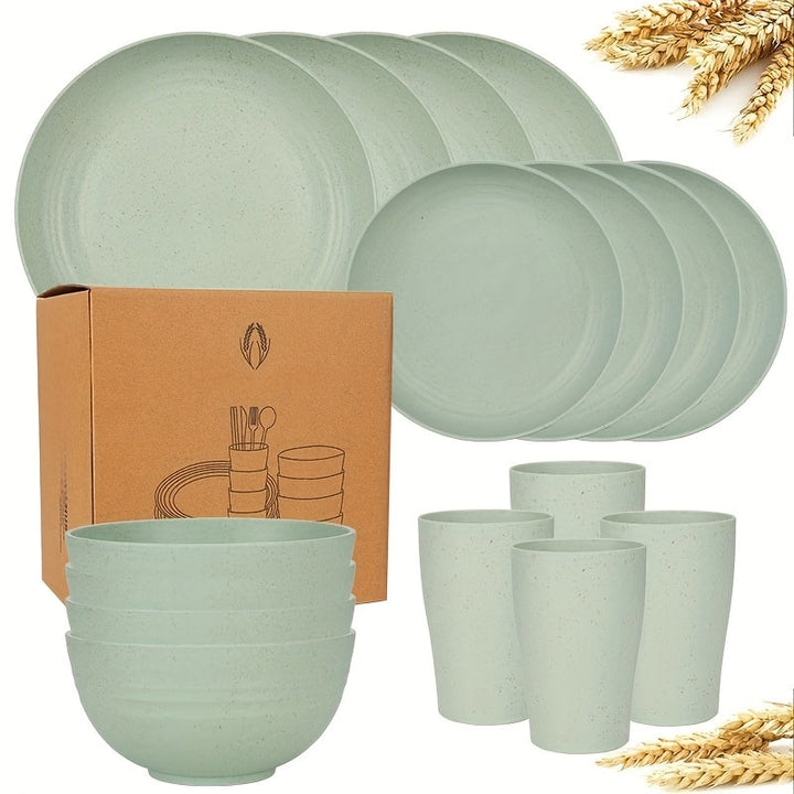 Juego de vajilla premium de paja de trigo, 16 piezas irrompibles, apto para microondas y lavavajillas, set negro con 8 platos, 4 tazones y 4 tazas