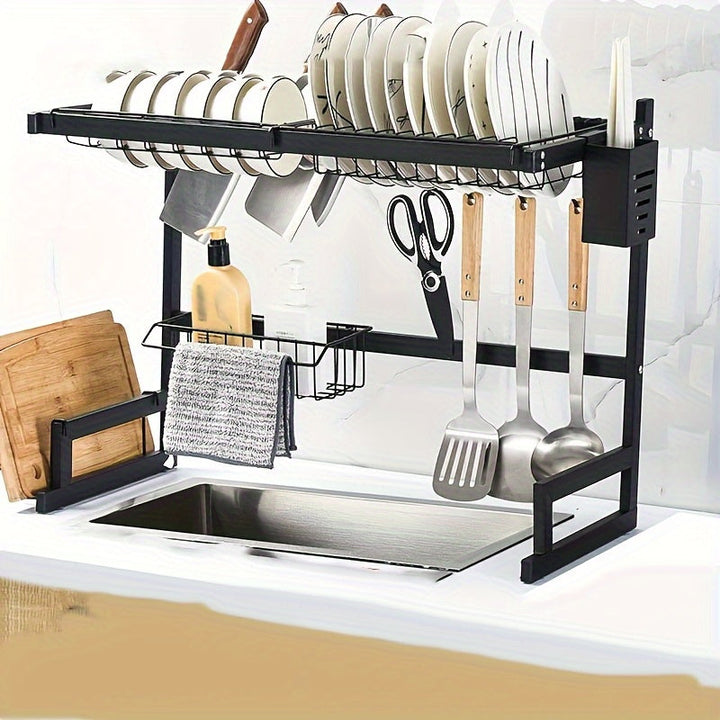 1 pieza de soporte de platos de fregadero de acero inoxidable - Soporte de almacenamiento de cocina de doble capa con soporte de utensilios desmontable y plato de drenaje, organizador de encimera que ahorra espacio, adecuado para uso doméstico y restaura