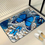 3 piezas, alfombrilla de baño con diseño de mariposa azul y piedra blanca, funda de asiento de inodoro y alfombrilla de pies en forma de U